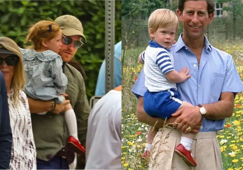 Príncipe Harry com a filha com Meghan Markle e ainda bebê com o pai