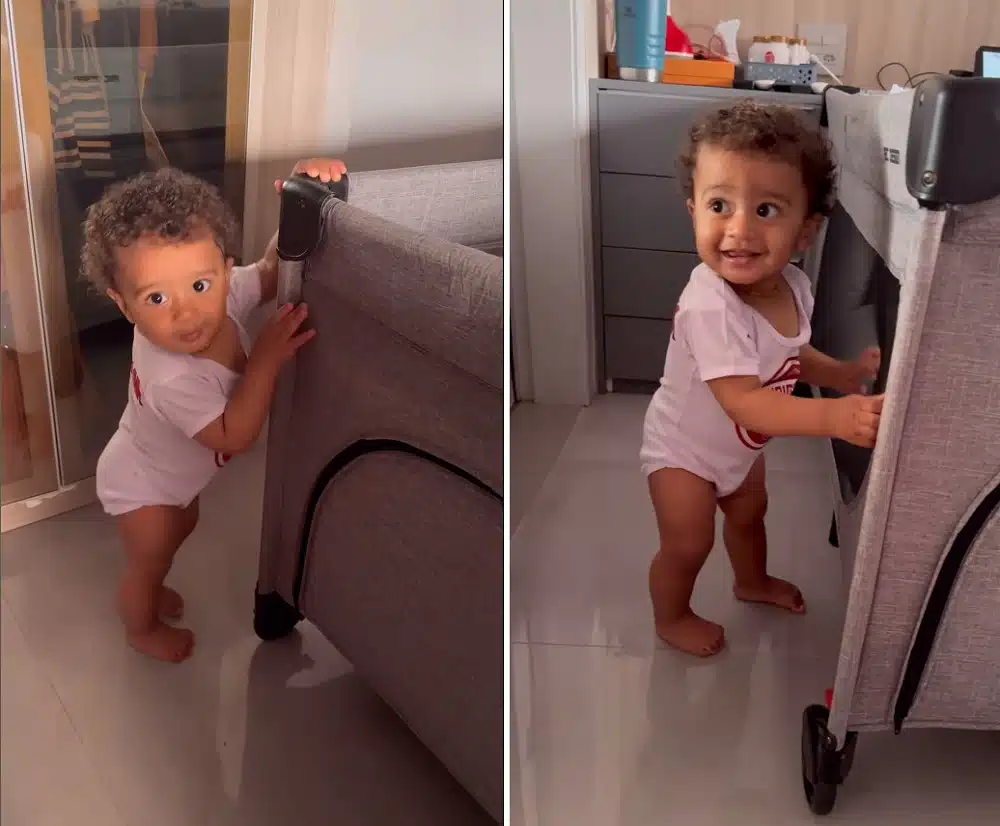 Joaquim, bebê de Viviane Araújo e Guilherme Militão, tentando andar 