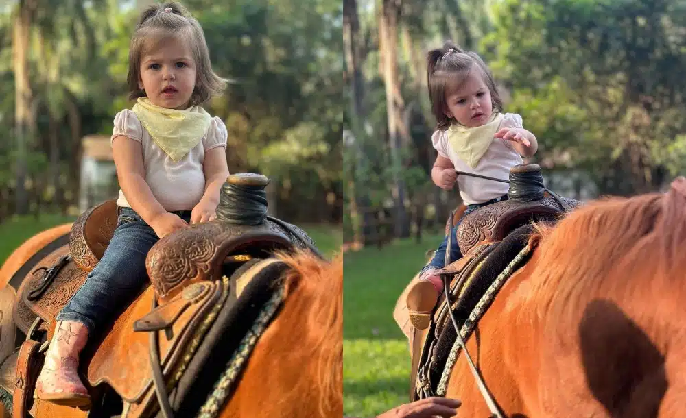 Bebê de Bárbara Evans surge andando a cavalo