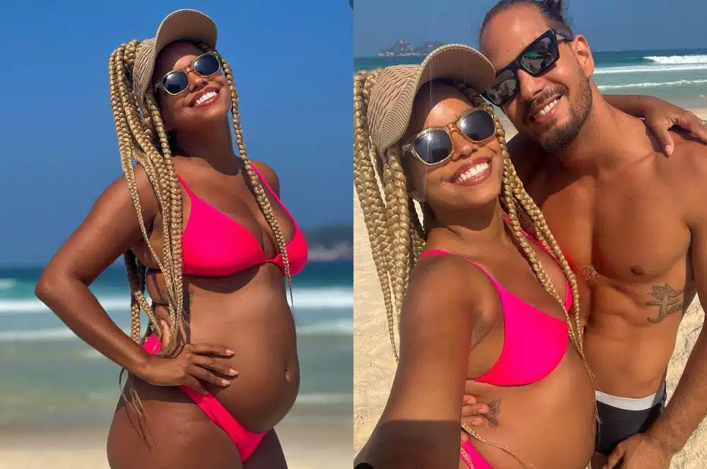Jeniffer Nascimento posa aos cinco meses de gravidez na praia