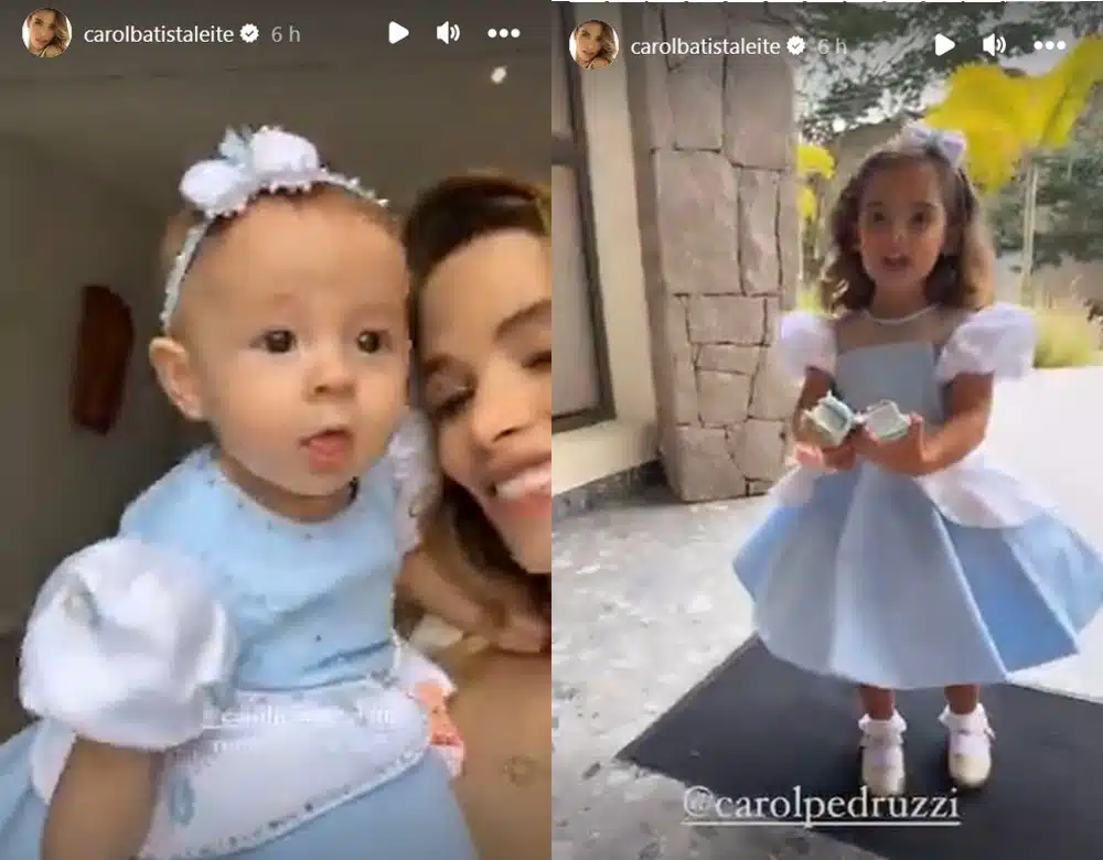 Filhas mais novas de Kaká surgem vestidas especialmente para a festa de seis meses da bebê