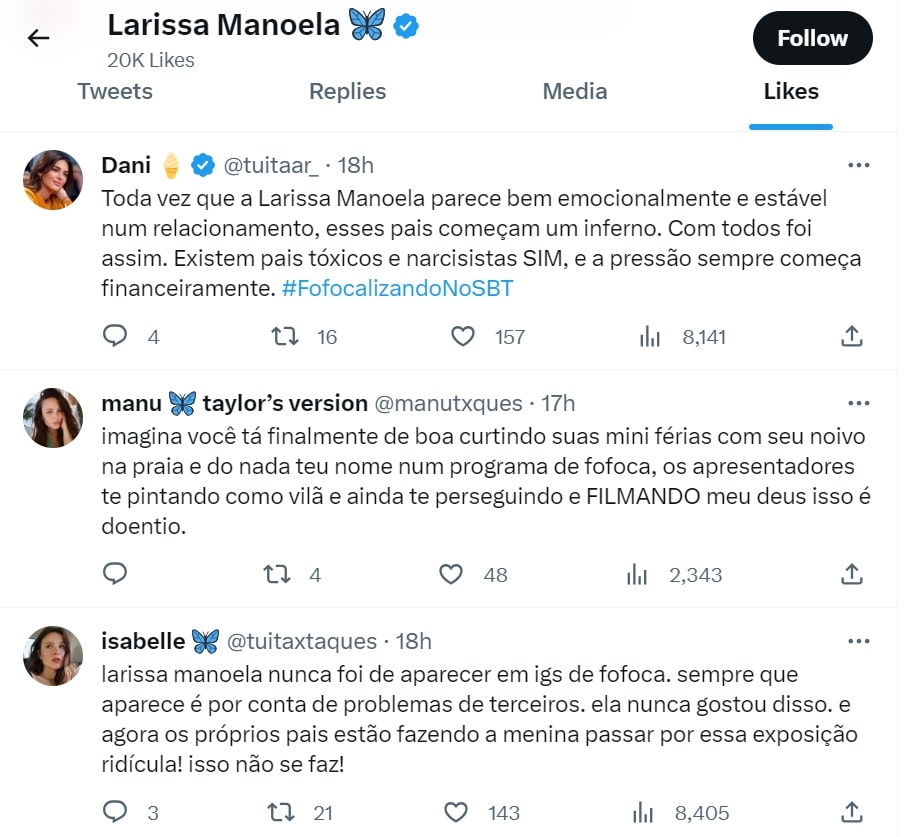 Larissa Manoela curtiu um comentário sobre os seus pais e a carta deles