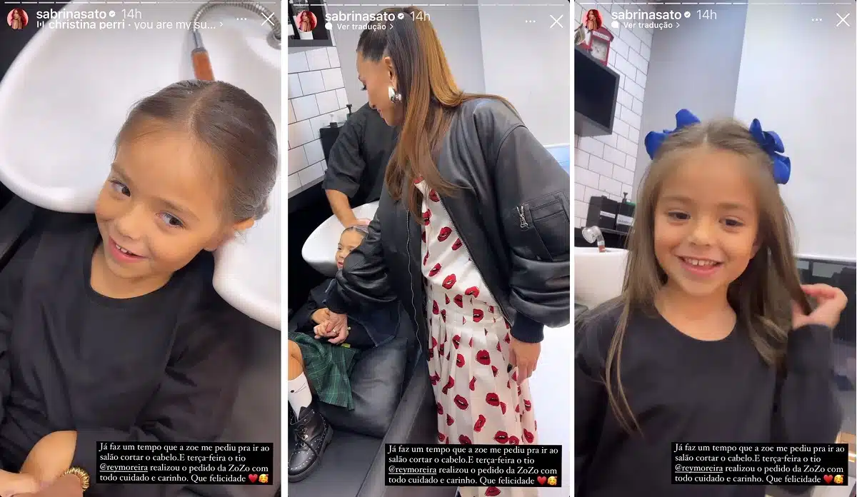 Zoe, filha de Sabrina Sato e Duda Nagle, no salão de beleza cortando o cabelo 