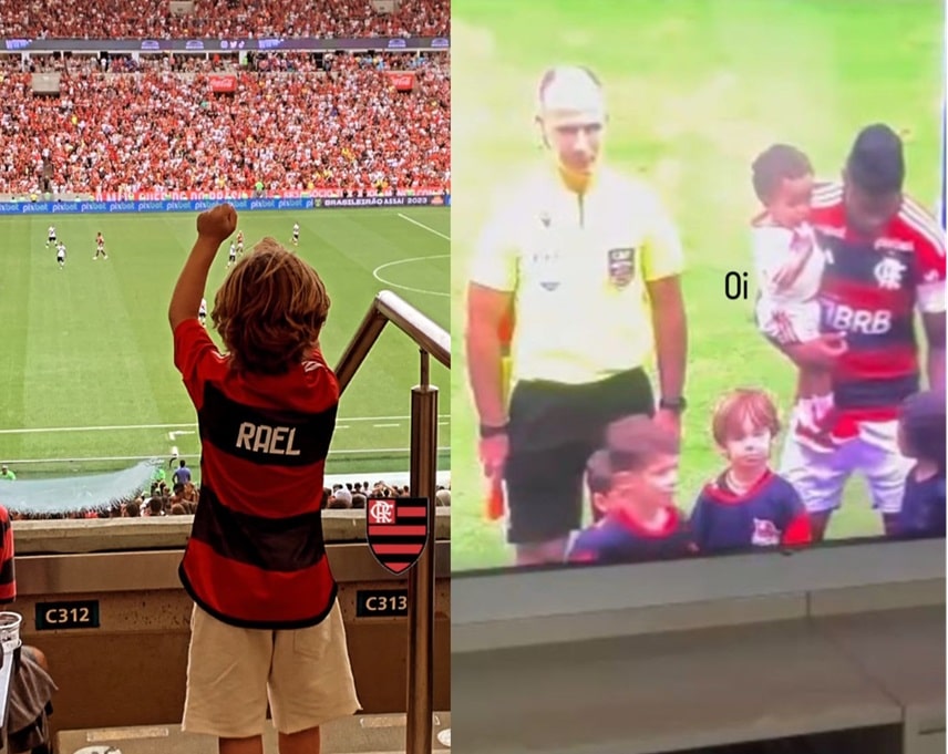 Filho de Isis Valverde surge em campo de concentração com o time do Flamengo e impressiona