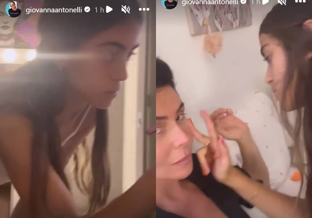 Giovanna Antonelli sendo maquiada por uma de suas gêmeas