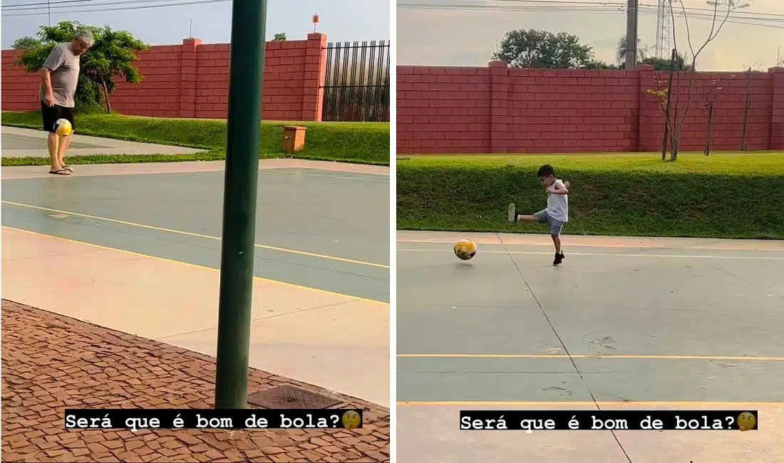 Léo, filho de Marília e Murilo Huff, jogando futebol com o avô