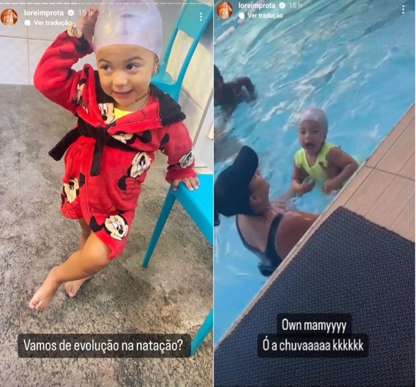 Filha de Léo Santana e Lorena Improta surge na aula de natação 