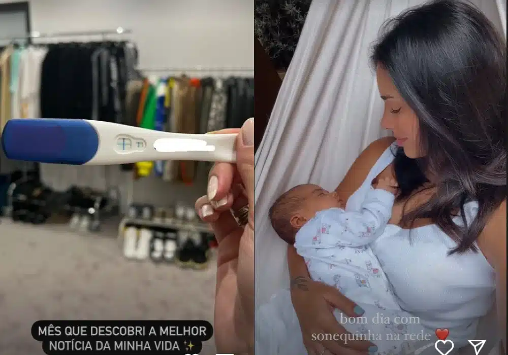 Bruna Biancardi com seu teste de gravidez e com a bebê Mavie