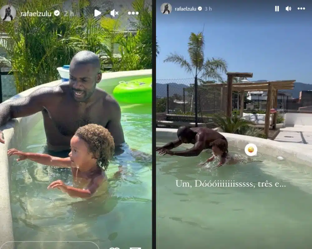 Rafael Zulu surge na piscina com seu filho
