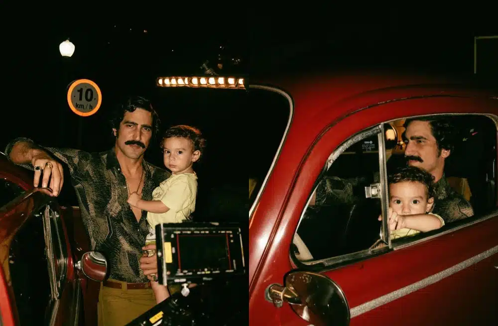 Renato Góes posa com seu filho em set de filmagem