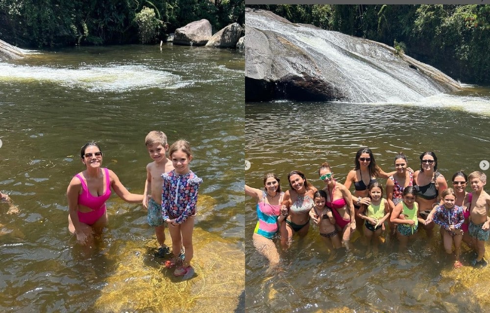 Thaís Fersoza se diverte com os filhos em cachoeira