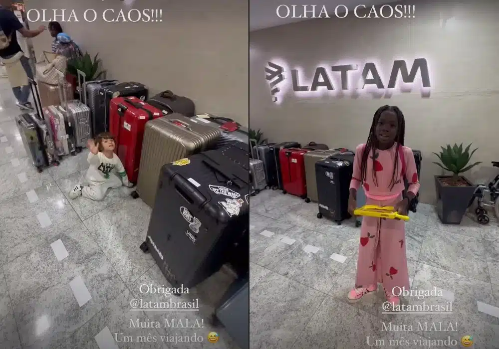 Giovanna Ewbank mostrando os filhos e as malas de viagem da família
