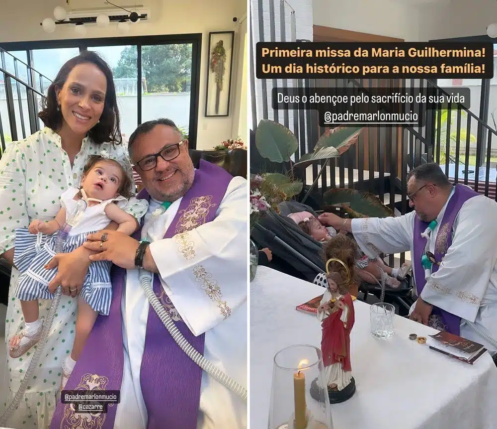 Leticia e Juliano Cazarré receberam um padre em casa para rezar a 1ª missa para bebê 