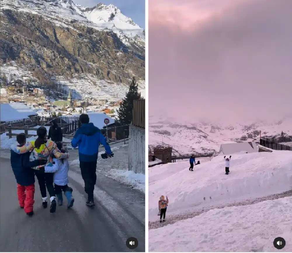 Vanessa Giácomo com os filhos em uma montanha na Suíça