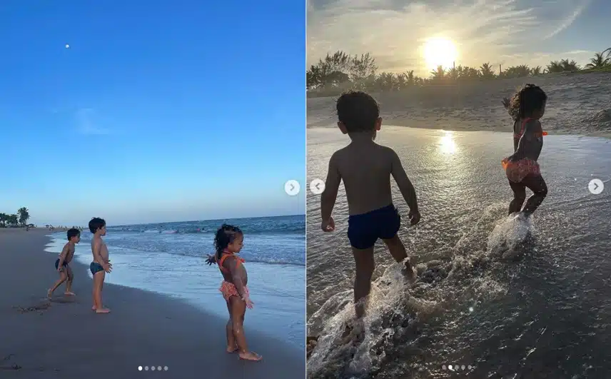 Filha de Lorena Improta e Léo Santana surge brincando em praia com amiguinhos e encanta