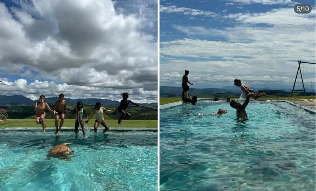 Giovanna Ewbank e Bruno mostraram os filhos se divertindo na piscina do rancho da montanha 