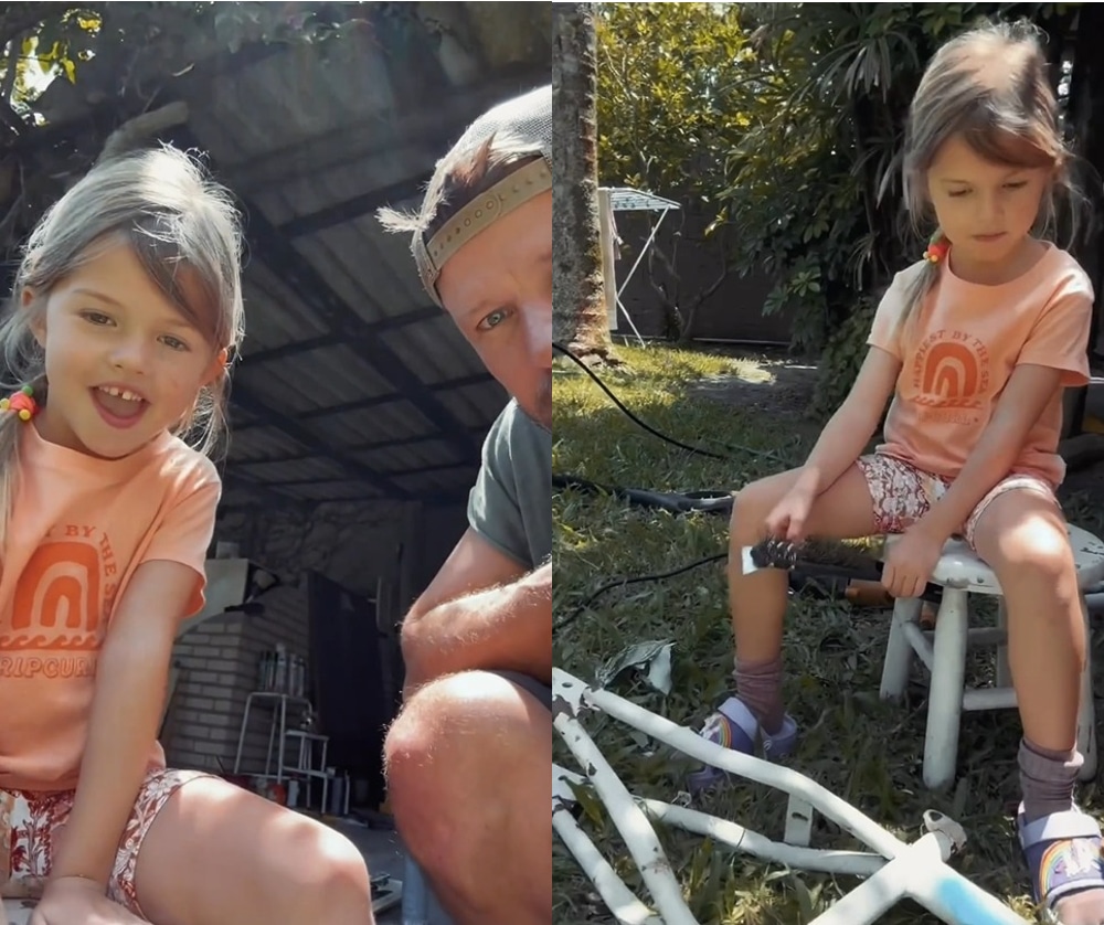 Rodrigo Hilbert e sua filha com Fernanda Lima consertam bicicleta