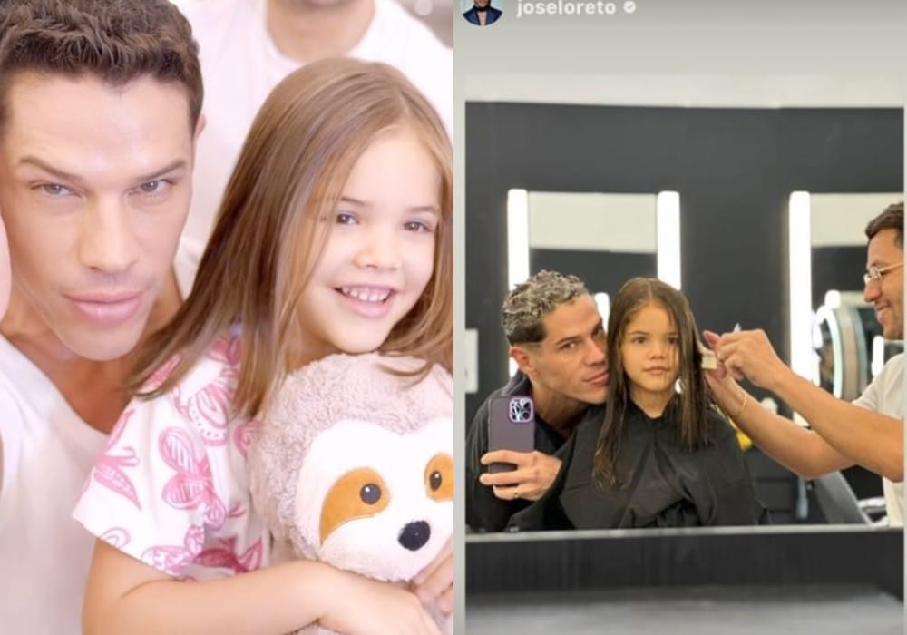 José Loreto com sua filha no salão de cabelereiro