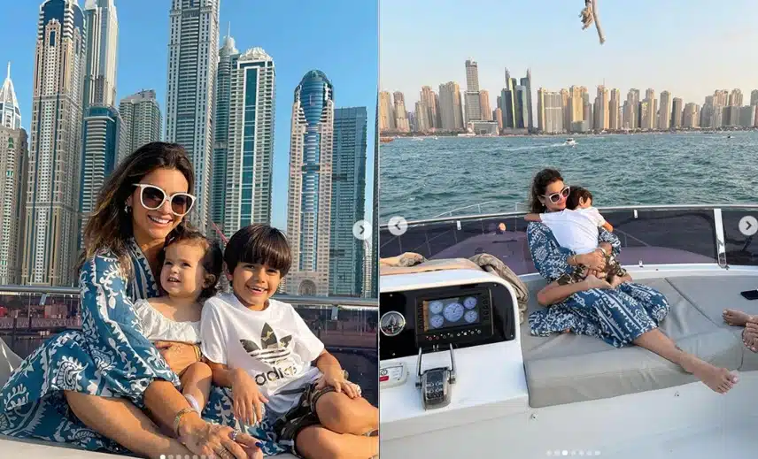 Kelly Key posa com seus filhos em passeio de lancha em viagem a Dubai 
