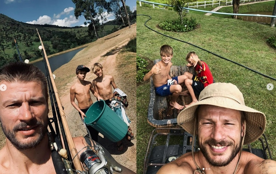 Rodrigo Hilbert posa com seus filhos gêmeos em dia de pescaria e impressiona 