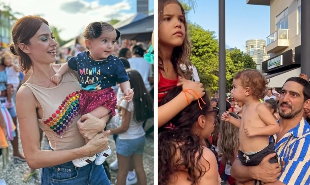 Os filhos de Débora Nascimento, Thaila Ayala e Renato Góes no bloquinho de Carnaval 