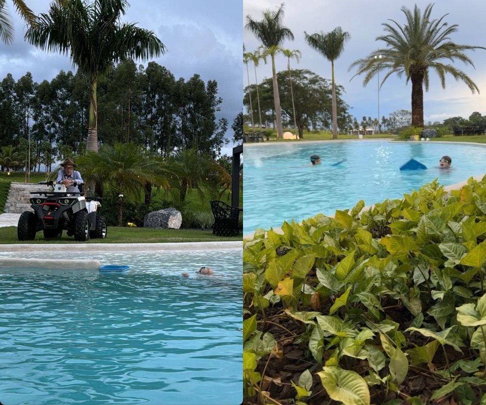 Filhos de Gusttavo Lima se divertem na piscina