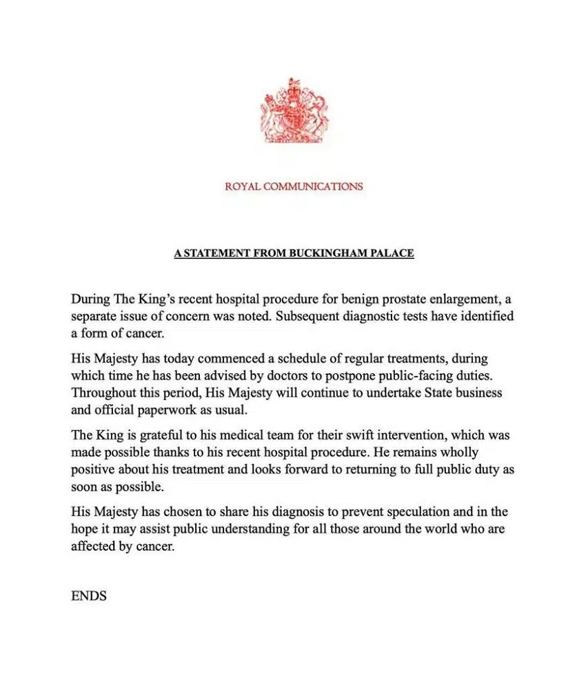 O Palácio de Buckingham emitiu um comunicado sobre o estado de saúde do Rei Charles