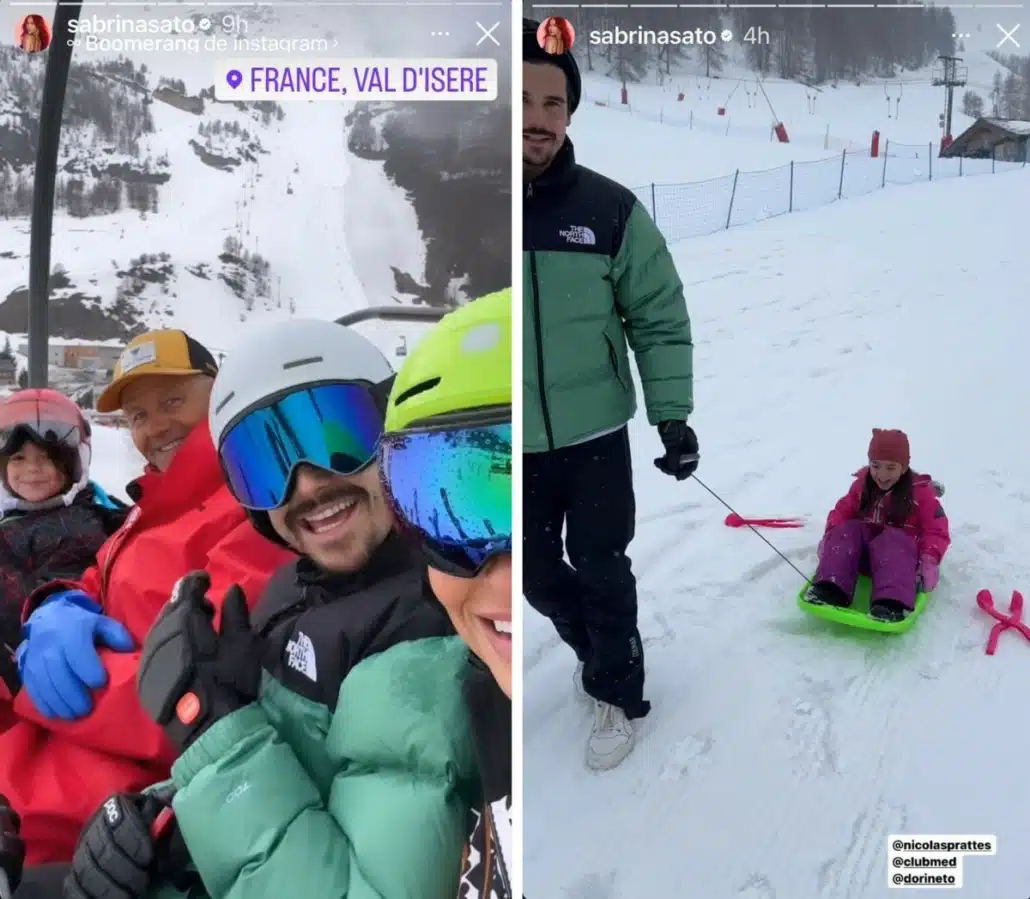 Zoe se divertindo com a mãe e o futuro padrasto, Nicolas Prattes, em uma estação de esqui