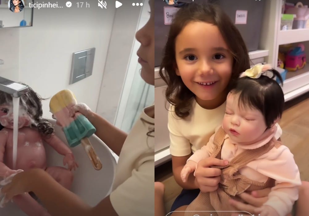 Ticiane Pinheiro mostrando sua filha e as bonecas reborn