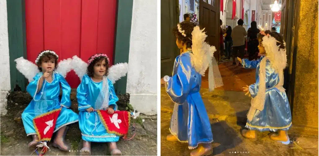 As gêmeas de Nanda Costa e Lan Lanh vestidas de anjinhas na igreja 