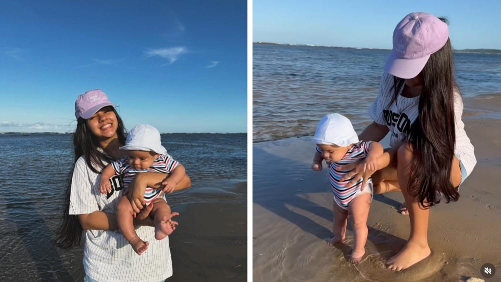 A noiva de João Gomes mostrou o bebê do casal conhecendo a praia 