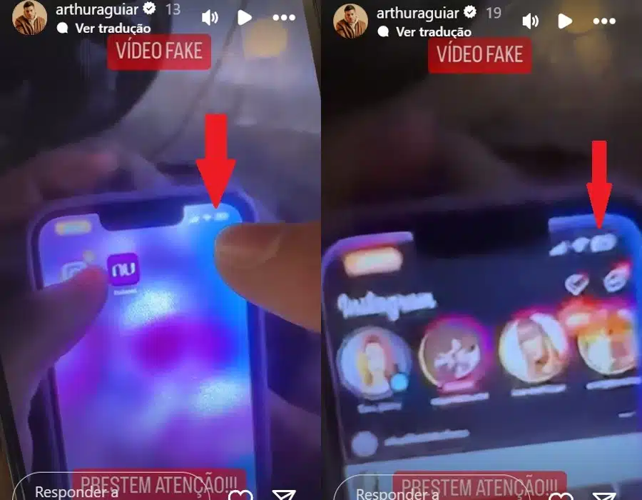 Arthur Aguiar mostrando que o vídeo da influenciadora é falso