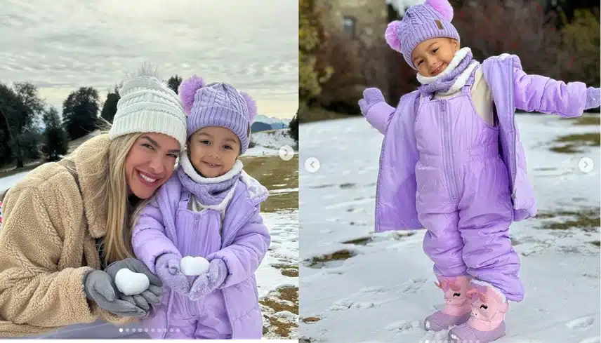 Filha de Léo Santana e Lorena Improta surge na neve pela pela 1ª vez