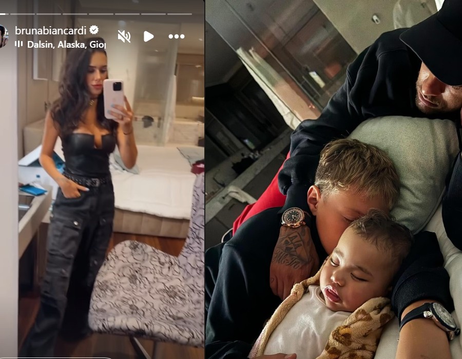 Neymar junto com seus filhos na cama de Bruna Biancardi