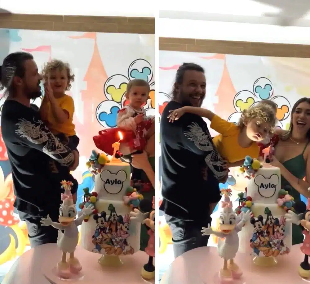 Bruno do KLB e a esposa com os filhos na hora de cantar "Parabéns"