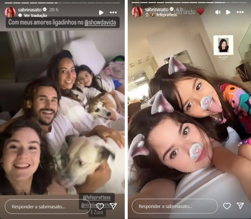 Sabrina Sato com o namorado, a filha e a futura cunhada assistindo TV