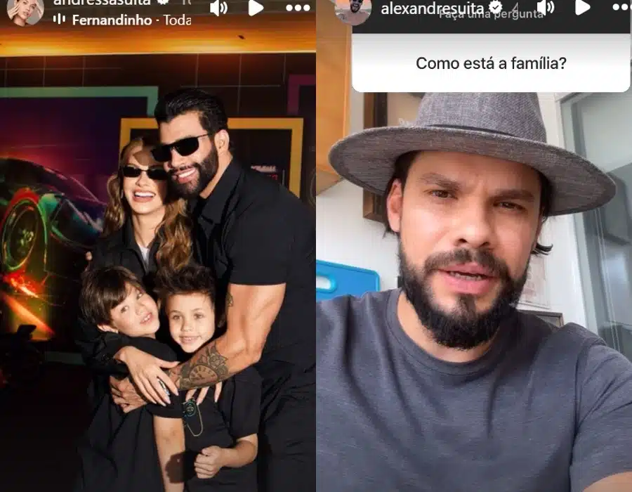 Andressa Suita junto com marido e filhos e irmão falando deles