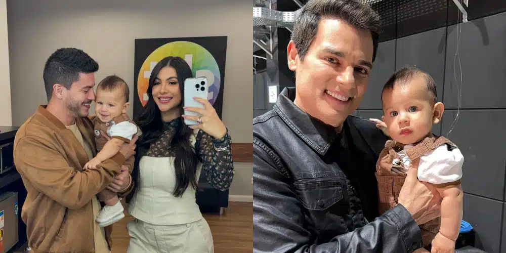 Arthur Aguiar posa com seu bebê em bastidores de programa de TV