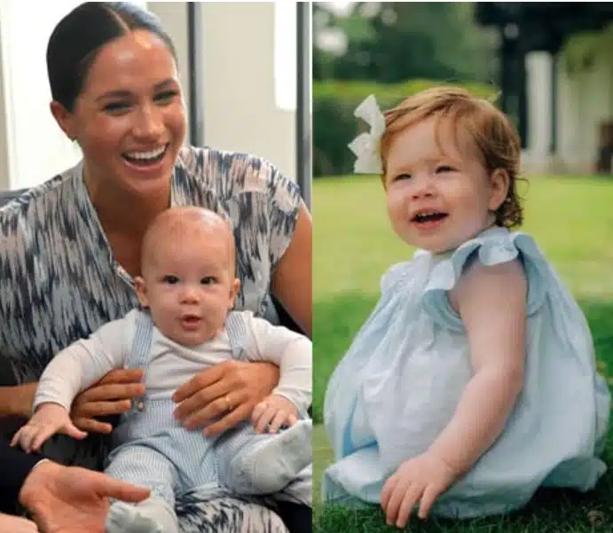 Meghan Markle junto com o príncipe Archie e a princesa Lilibet quando pequenos