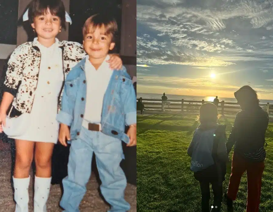 Sandy ainda criança com o irmão Junior e em foto atual com o filho