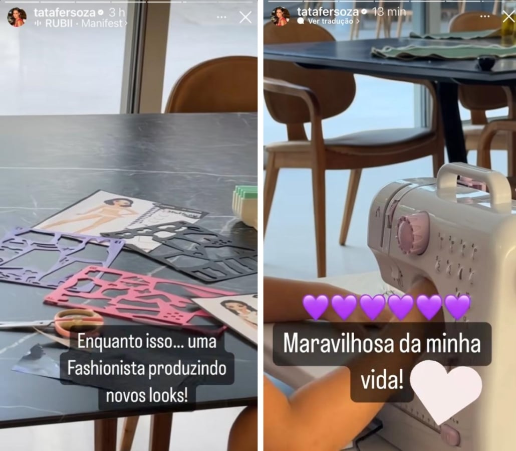 Melinda, filha de Thais Fersoza e Michel Teló, com sua máquina e itens de costura