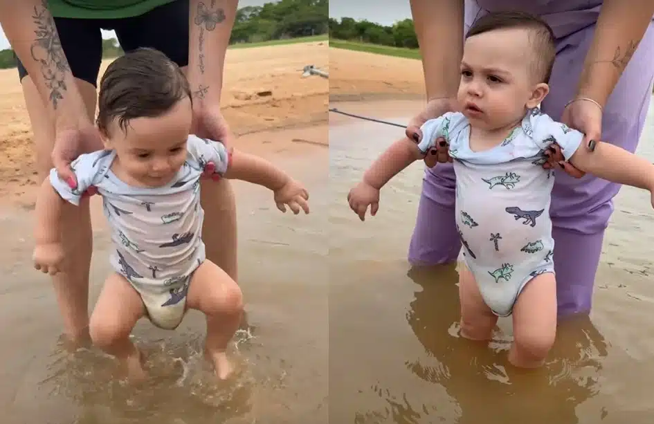 Gêmeos de Bárbara Evans se divertem em passeio no rio