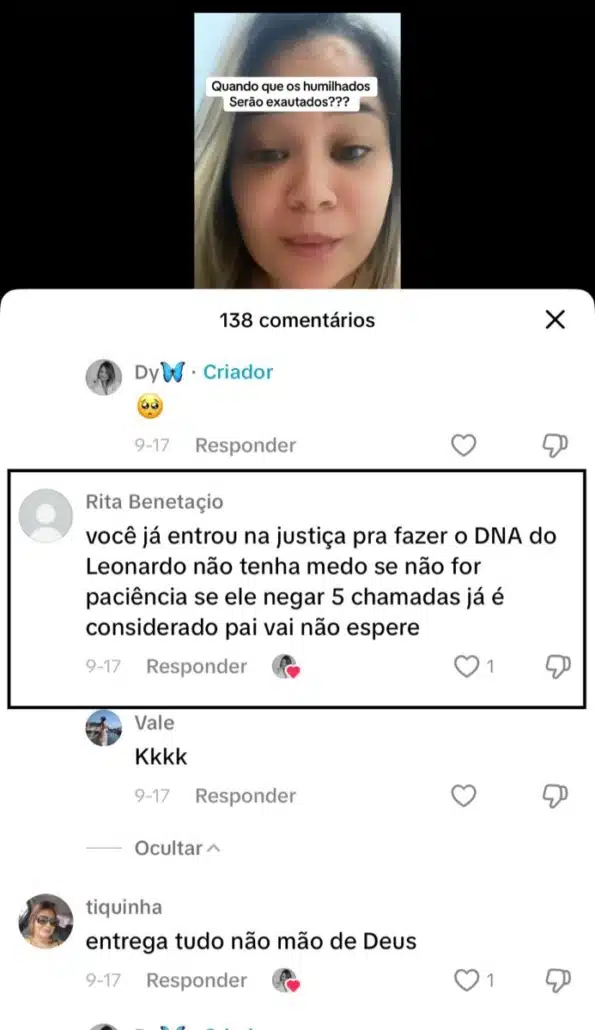 Suposta filha de Leonardo curtiu um comentário sobre ele ter que fazer o DNA