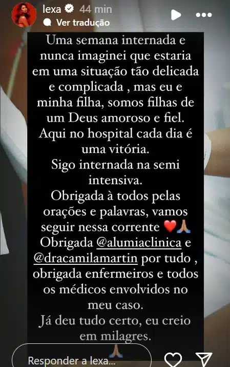 A cantora Lexa falou da sua internação