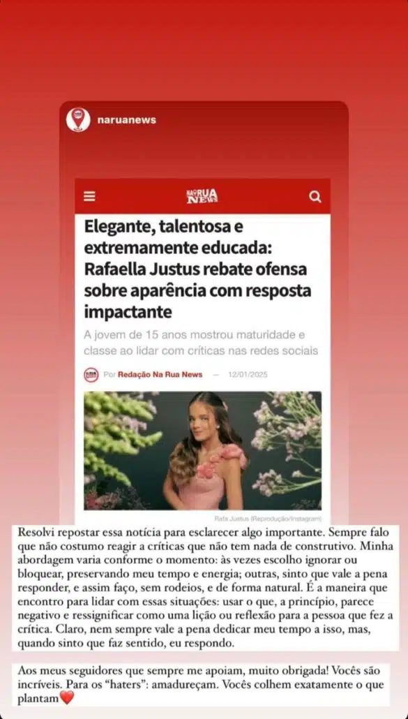 Rafaella Justus respondeu aos comentários sobre sua aparência