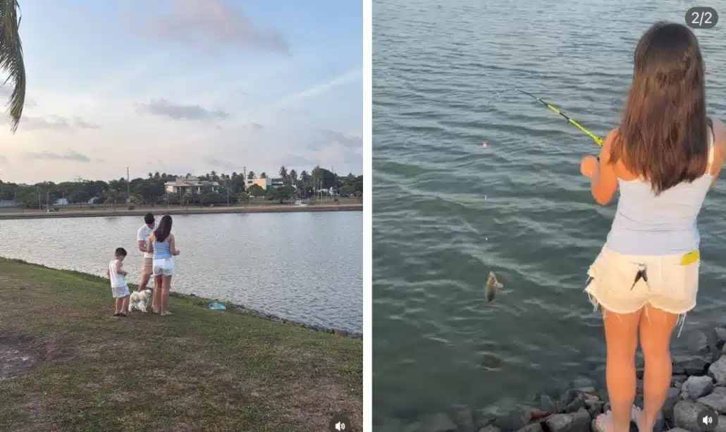 Os filhos de Zé Vaqueiro e Ingra pescando com o cantor 