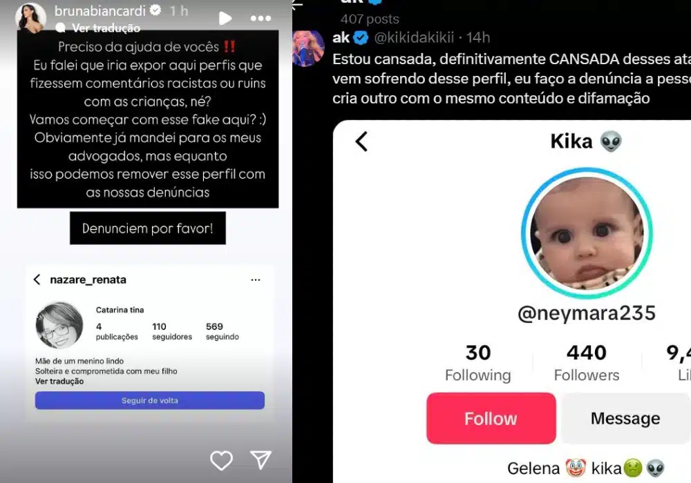 Amanda Kimberlly e Bruna Biancardi mostrando os perfis que agiram contra suas filhas