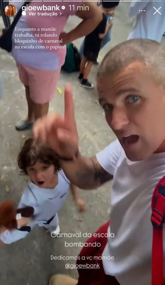 Bruno Gagliasso manda recado pra Giovanna Ewbank ao surgir com caçula no carnaval da escola 