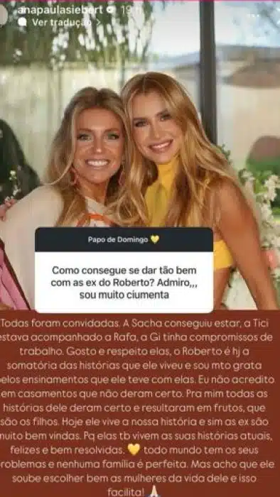 Ana Paula Siebert, atual esposa de Justus, fala de Ticiane Pinheiro e as outras ex dele