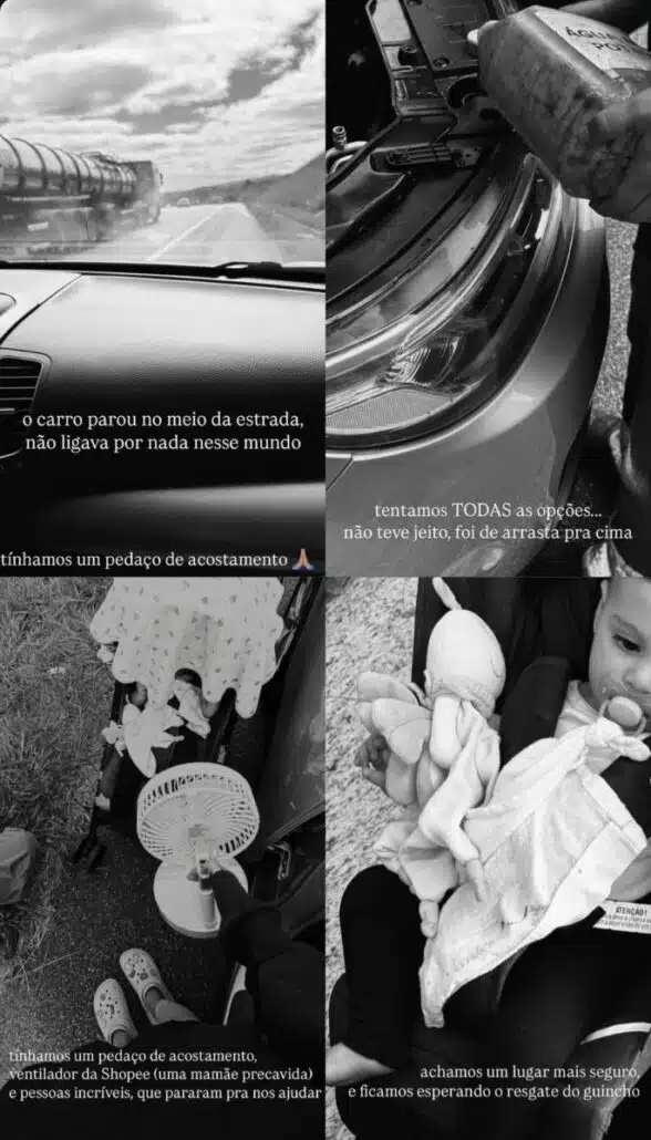 Amanda Kimberlly exibindo a filha no acostamento da estrada e carro que quebrou